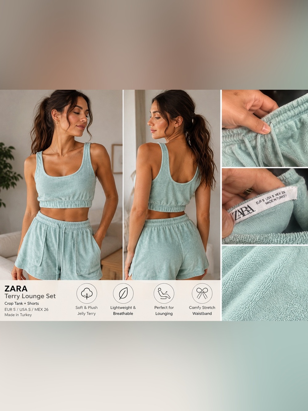 ZARA Sage Green Terry Cloth Crop Top & Shorts Set NWOT Size S